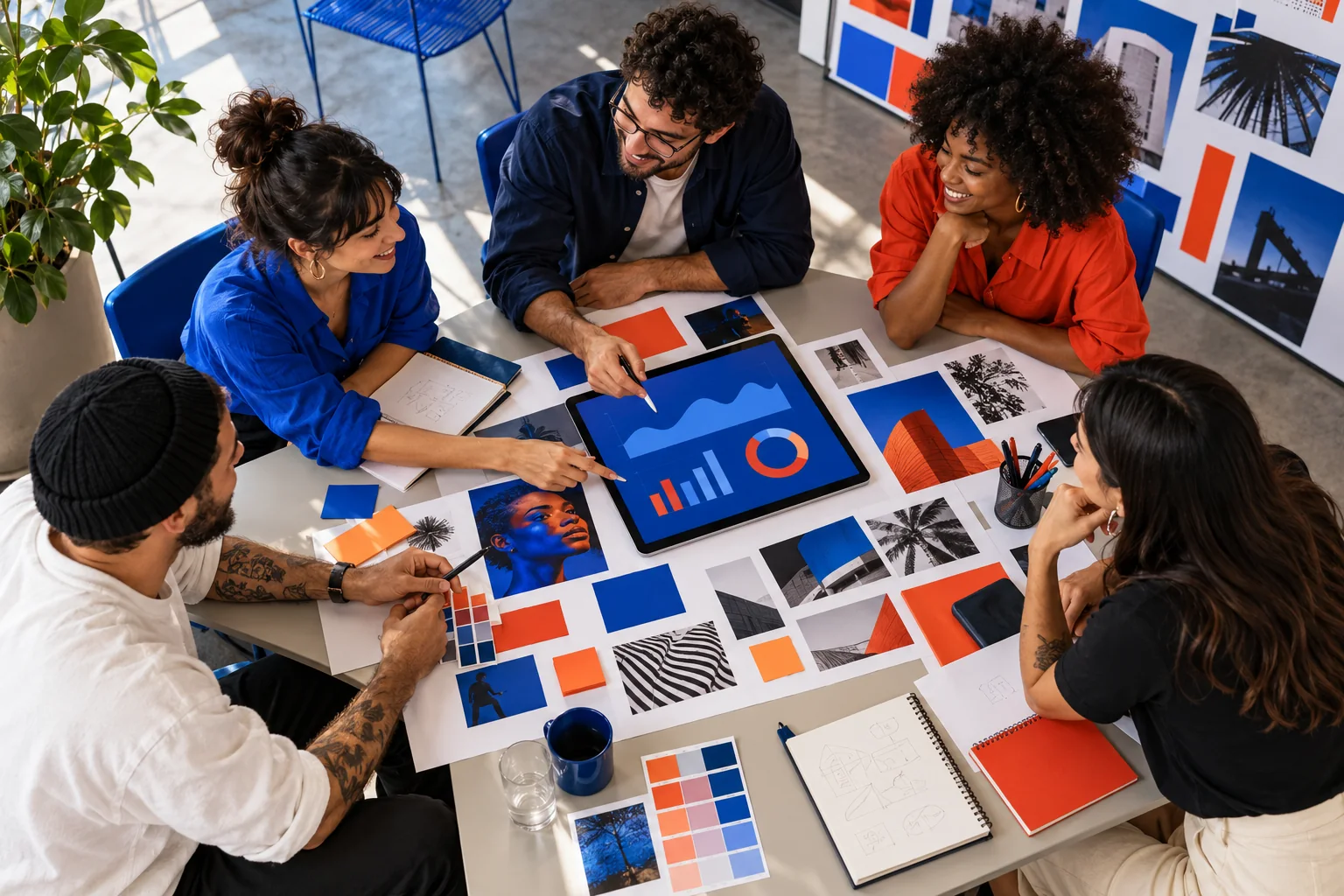 Equipe de estratégia digital colaborando com dados e peças criativas